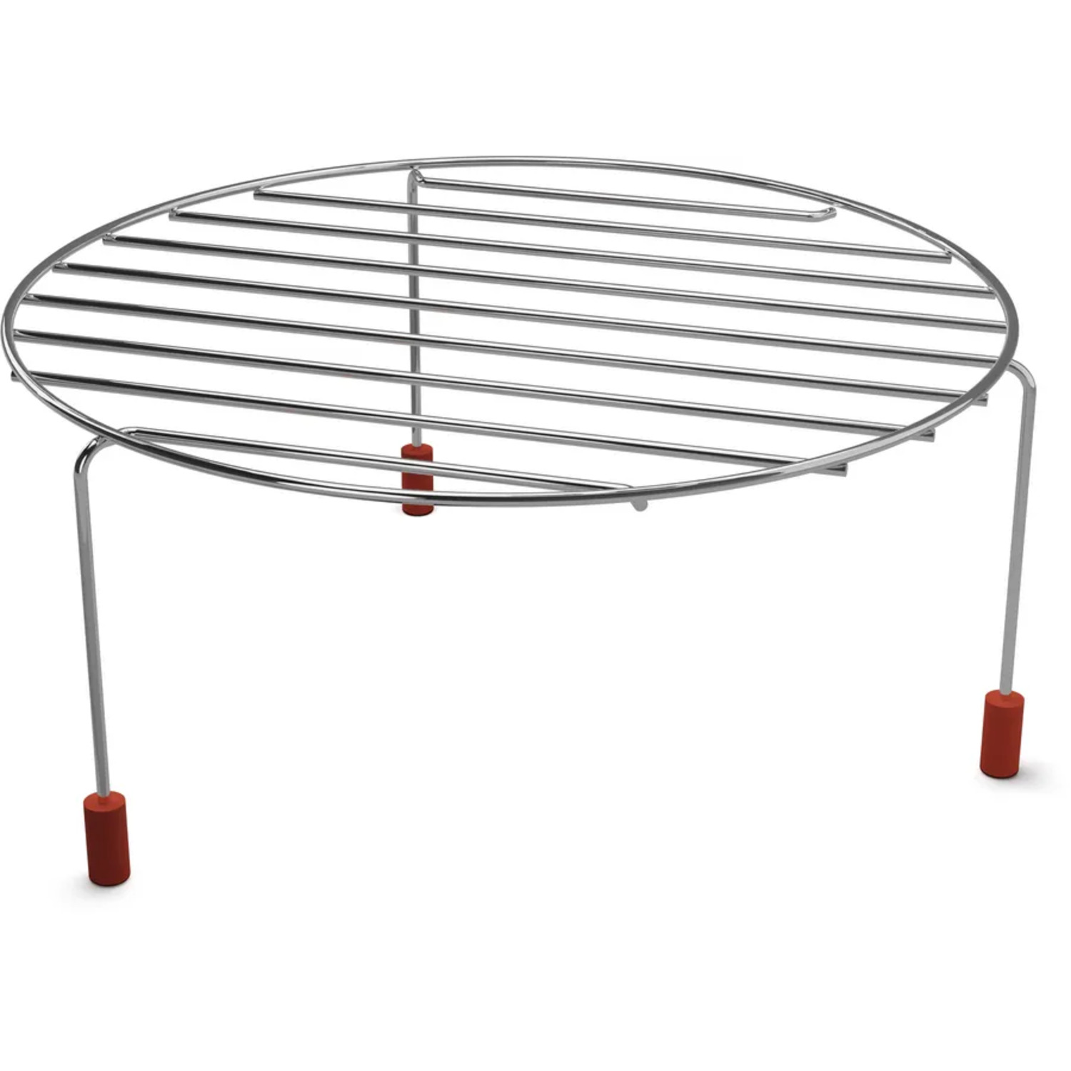 A round chrome grill with three legs, each with a red rubber foot. White background.
