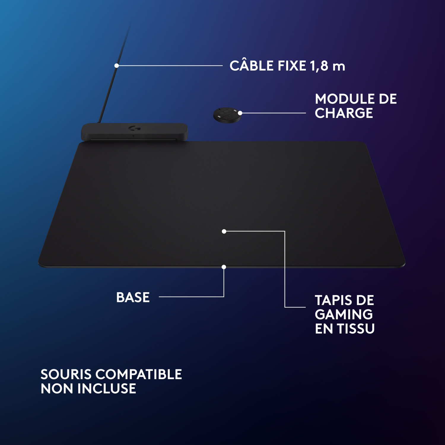 Un tapis de souris gaming noir avec un module de chargement et un câble, avec des étiquettes en français.