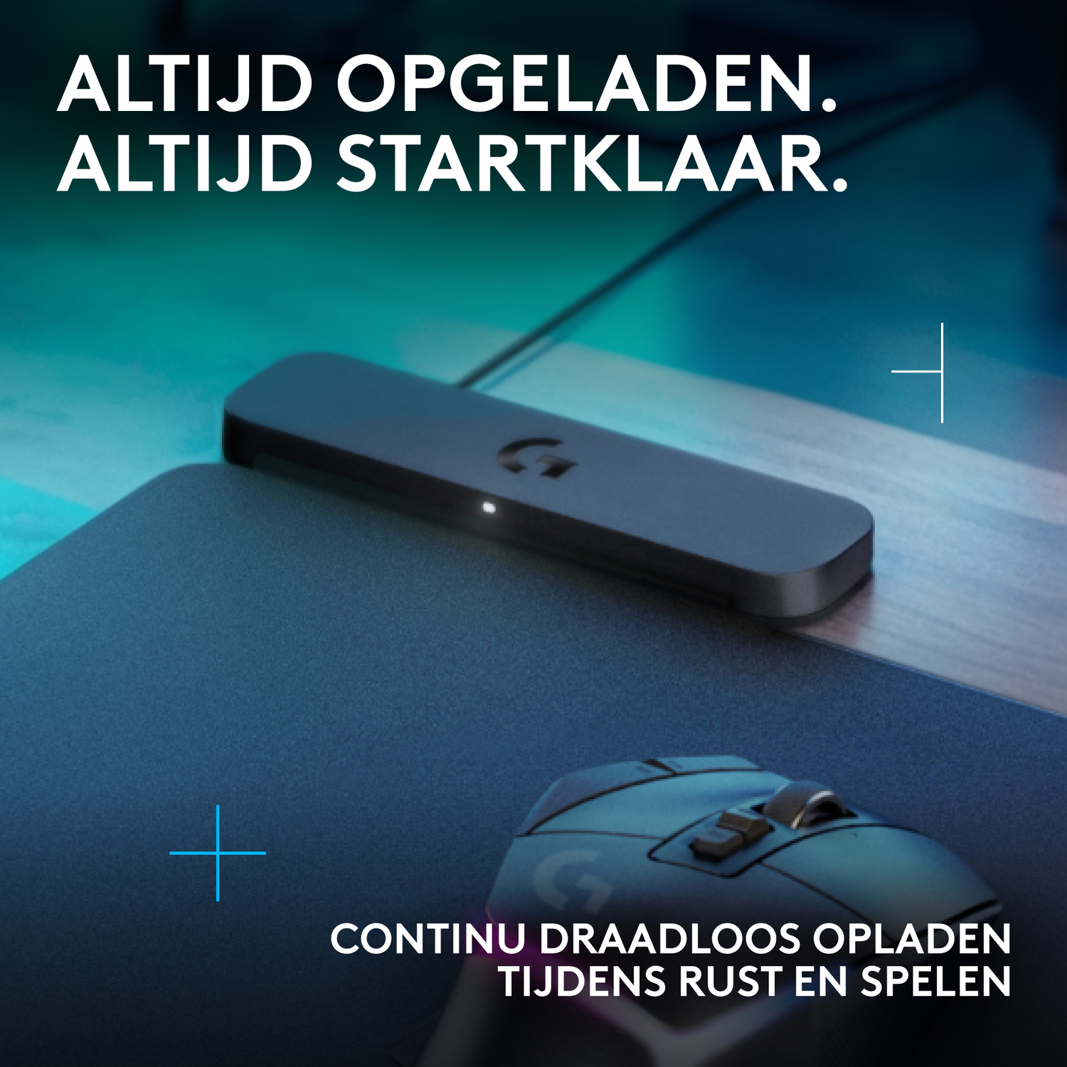 A mouse and charging pad with text: 'Always charged. Always ready' and 'Continuously wireless charging'.