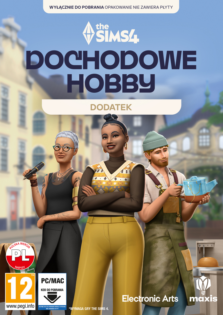 Grafika pudełka gry The Sims 4 z trzema postaciami przed sceną miejską. Tekst w języku polskim.