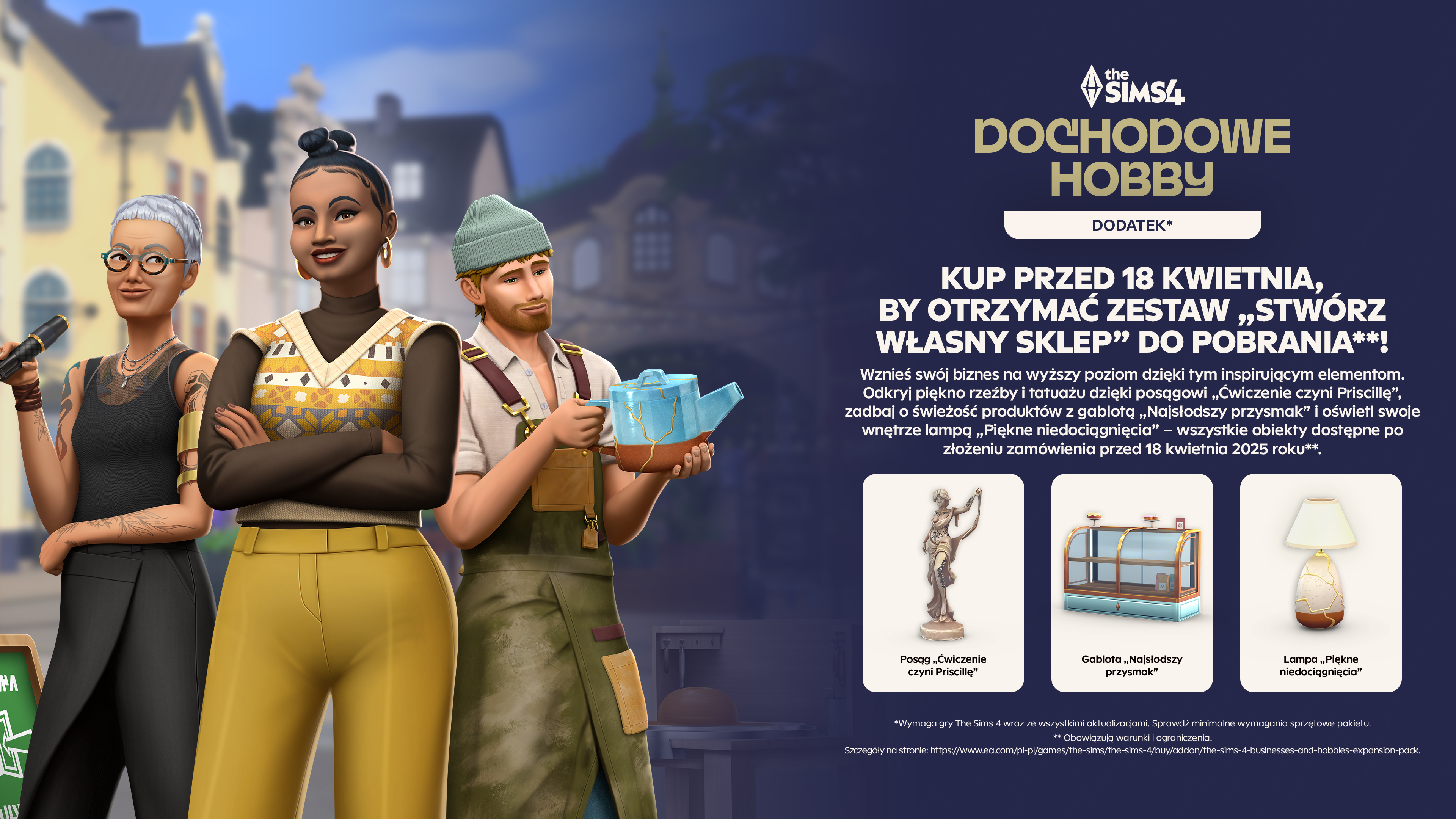 Reklama Sims 4 z czterema postaciami Sims. Tekst i obrazy przedmiotów po prawej.