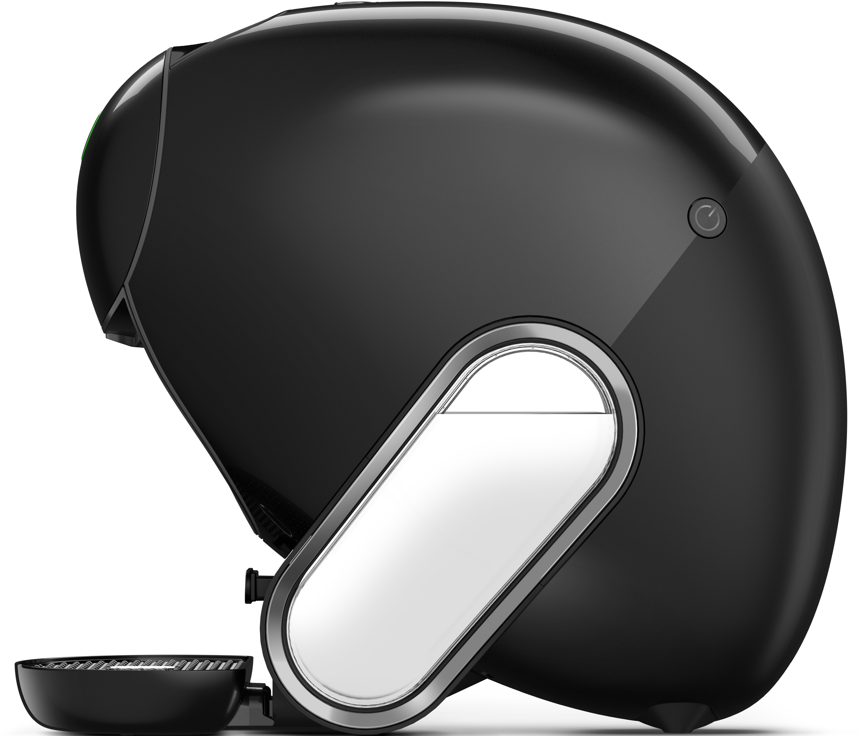 Machine à café Dolce Gusto noire avec un réservoir d'eau. Elle a un design moderne et incurvé.