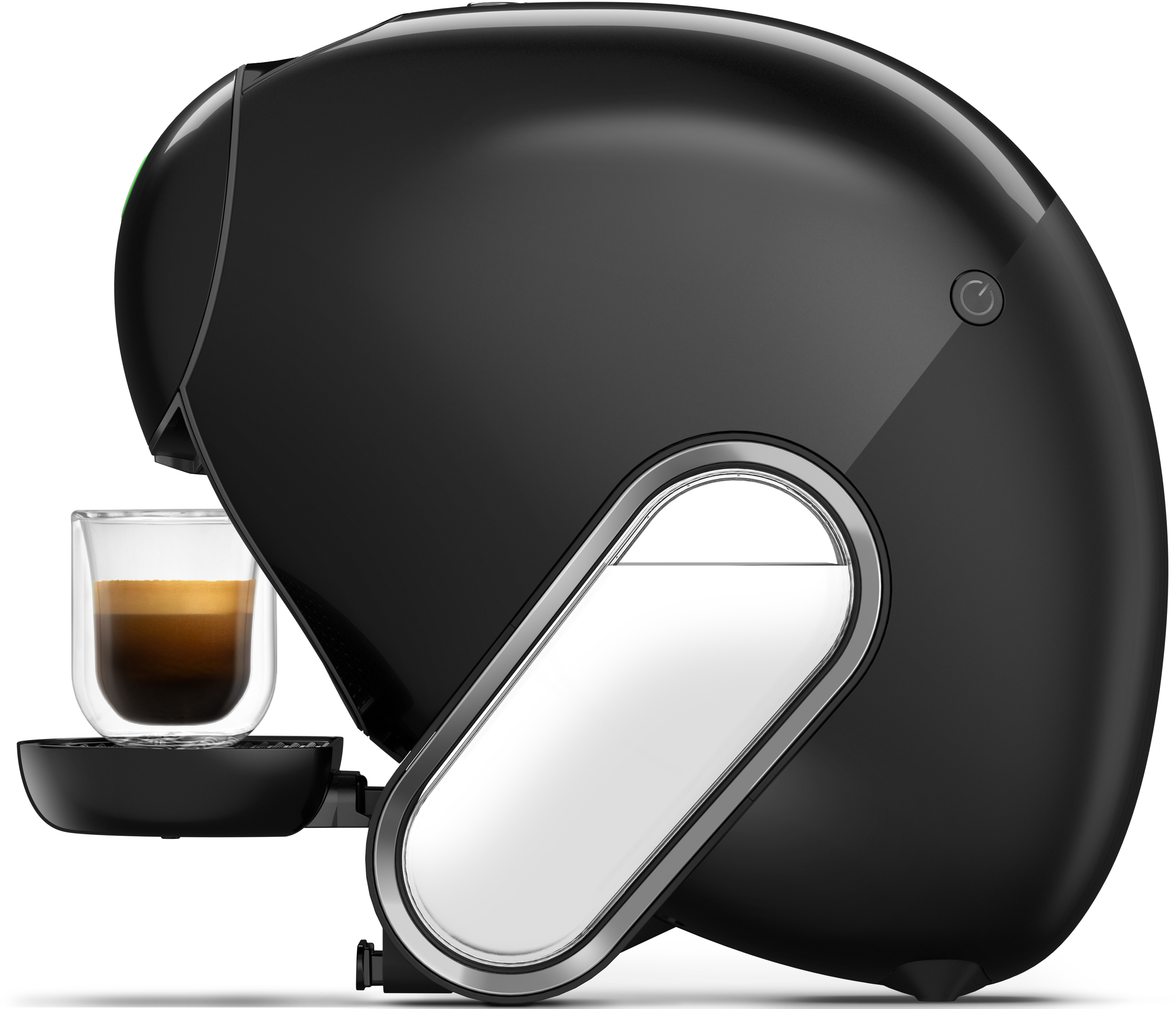 Machine à café Dolce Gusto noire avec un verre de café sur le plateau. Elle a un design moderne.