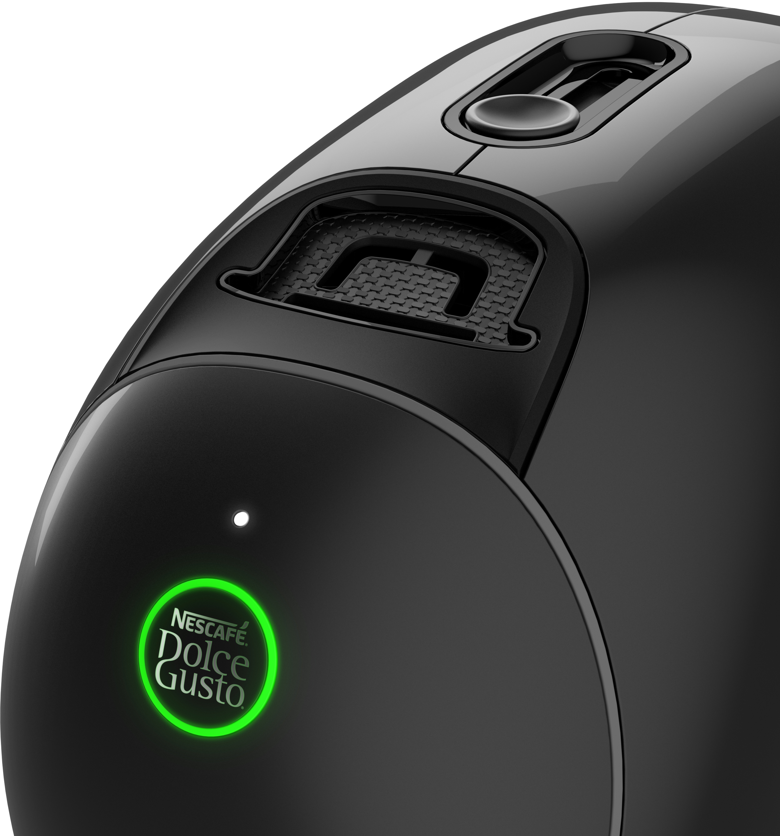 Gros plan sur une machine à café Dolce Gusto noire. Le logo vert illuminé est visible.