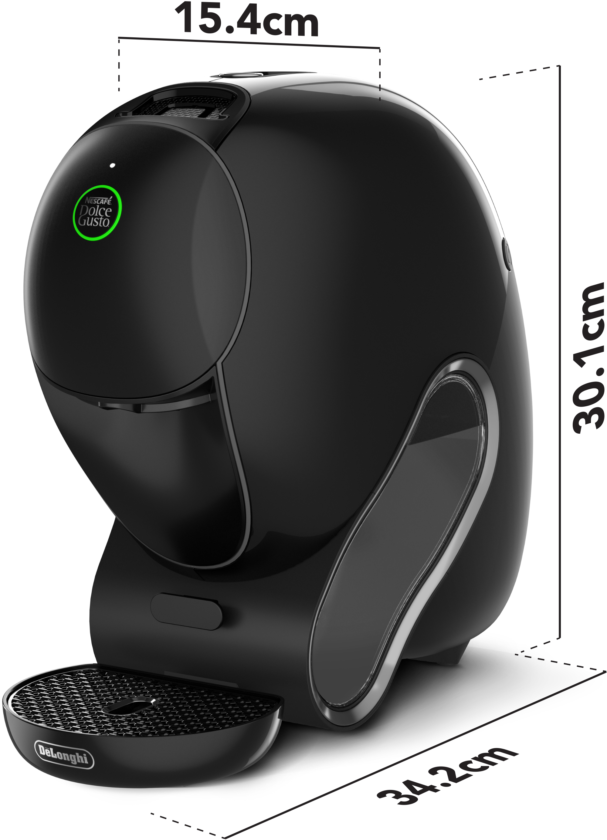 Machine à café Dolce Gusto noire. Dimensions : 30,1 cm de hauteur, 34,2 cm de largeur et 15,4 cm de profondeur.