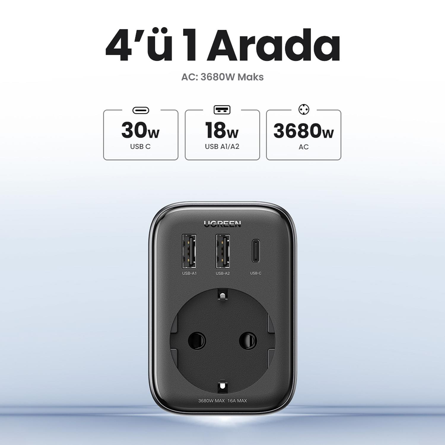 Çoklu USB bağlantı noktaları ve bir priz ile siyah güç adaptörü.