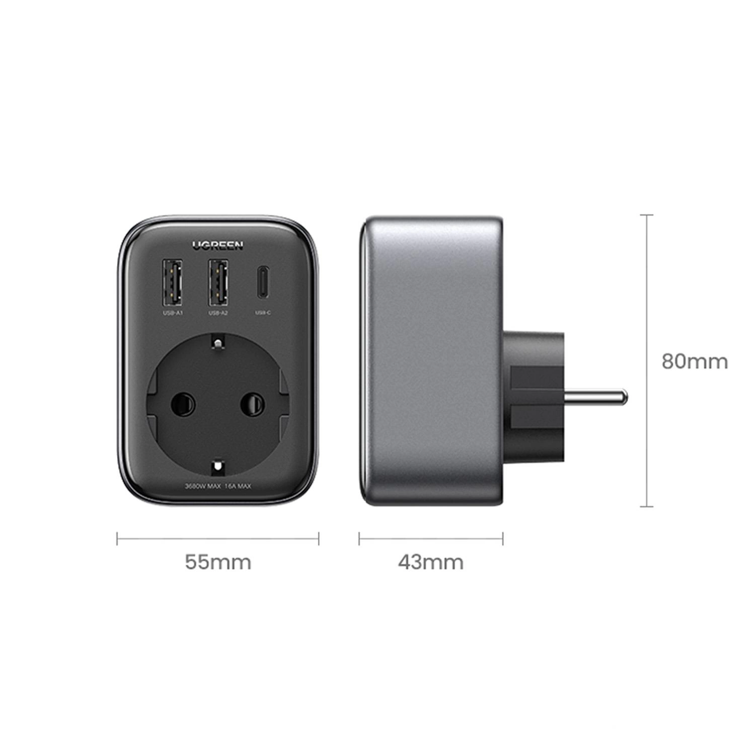 USB bağlantı noktalarına ve belirtilen boyutlara sahip bir UGREEN güç adaptörünün yan ve ön görünümü.