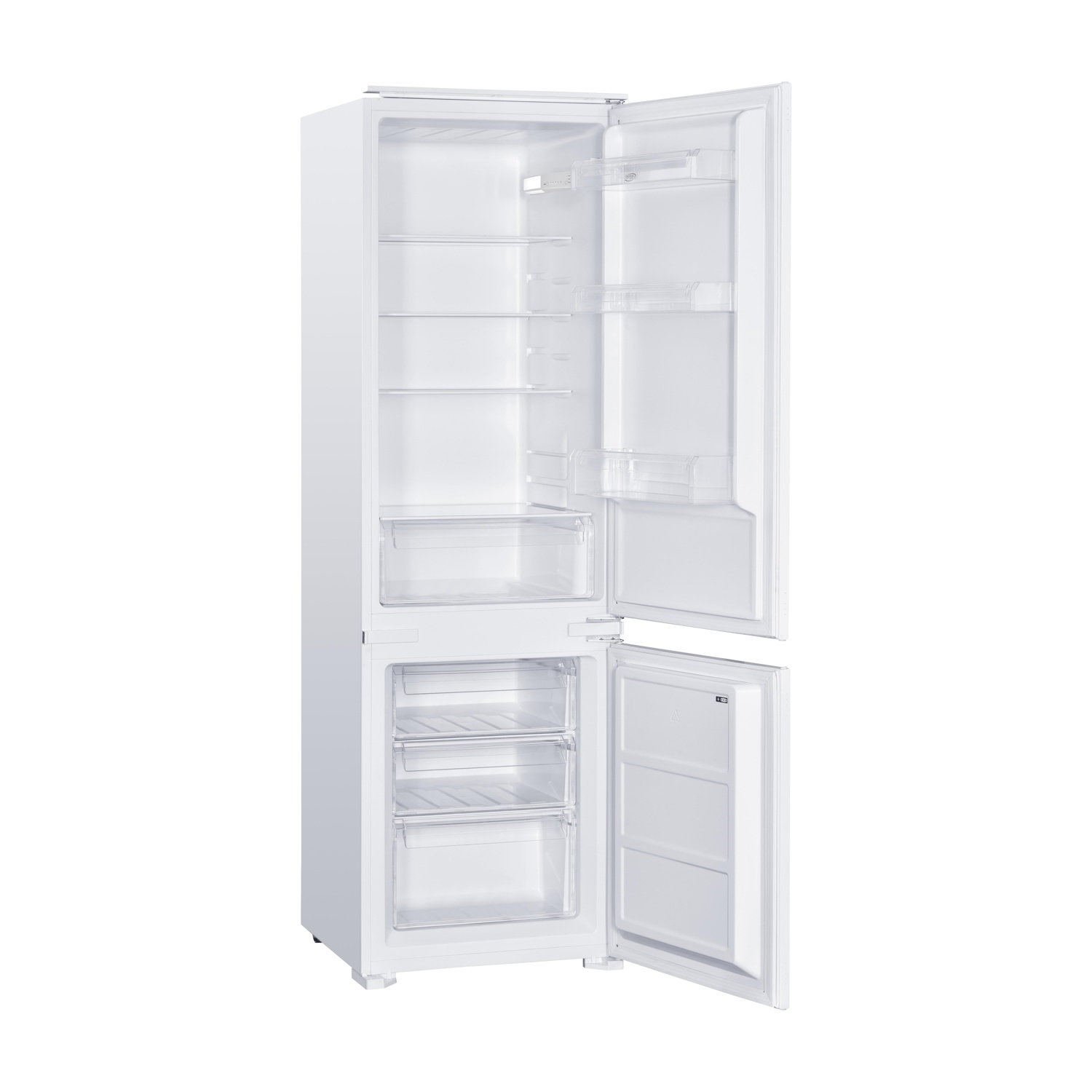 Un frigorifero bianco, aperto, rivela ripiani, cassetti e un cassetto per la verdura.