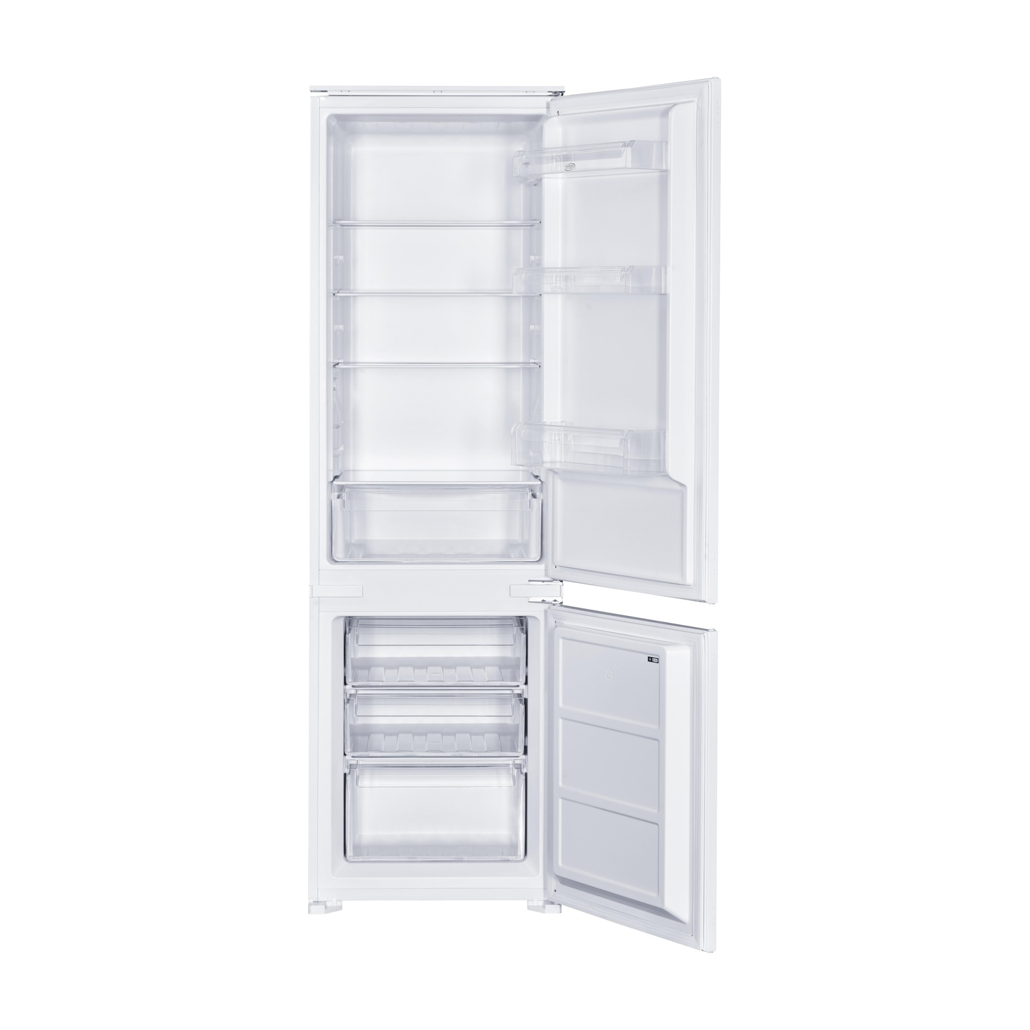 Frigorifero bianco con porte aperte. Ripiani e cassetti interni visibili. Sfondo bianco.