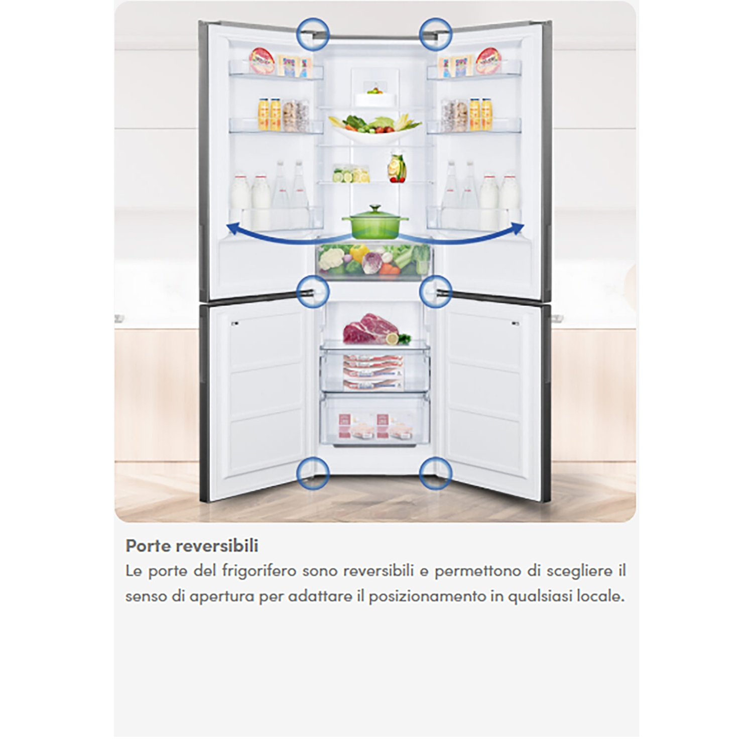 Porta del frigorifero aperta, che mostra il cibo all'interno.