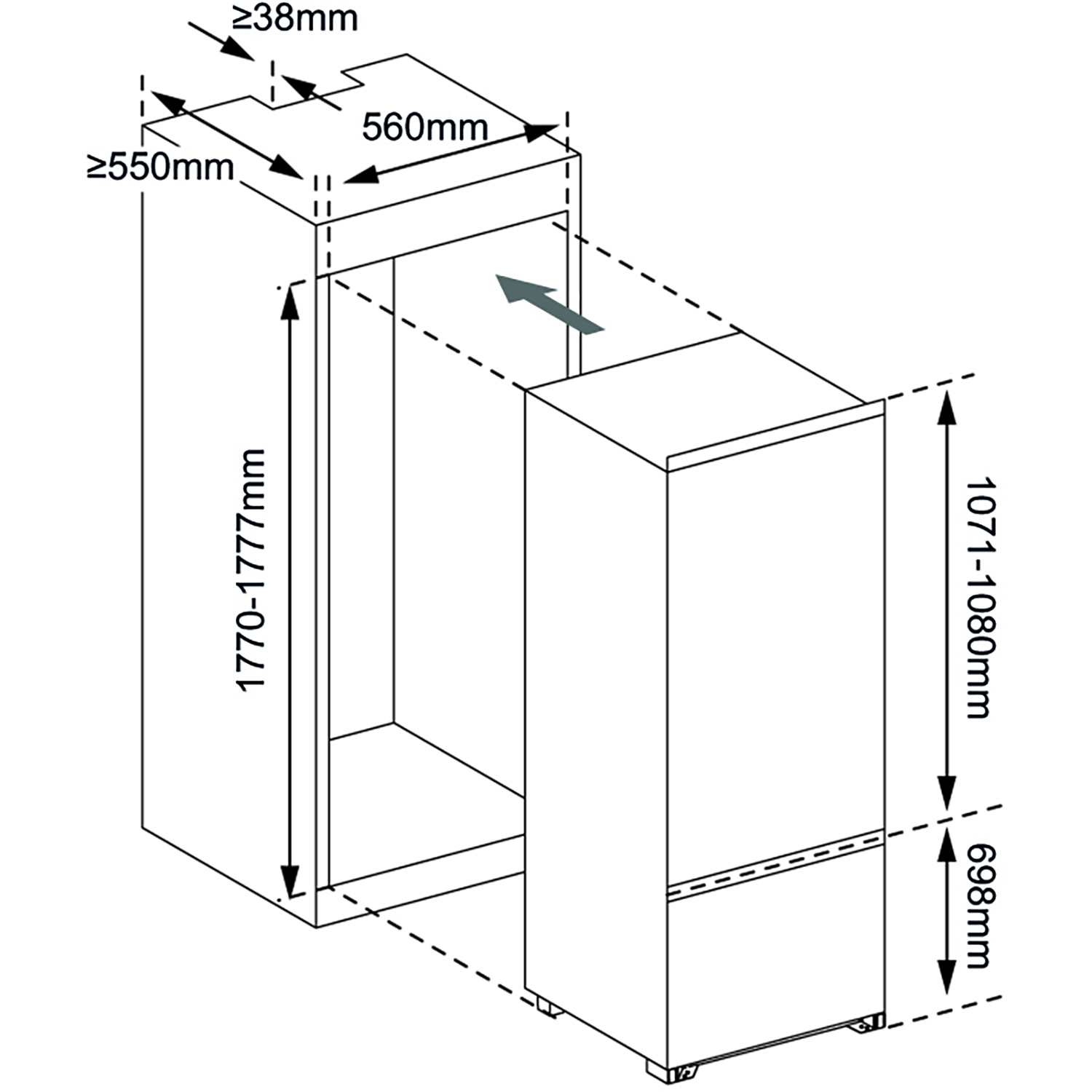 Diagramma che mostra le dimensioni del frigorifero.