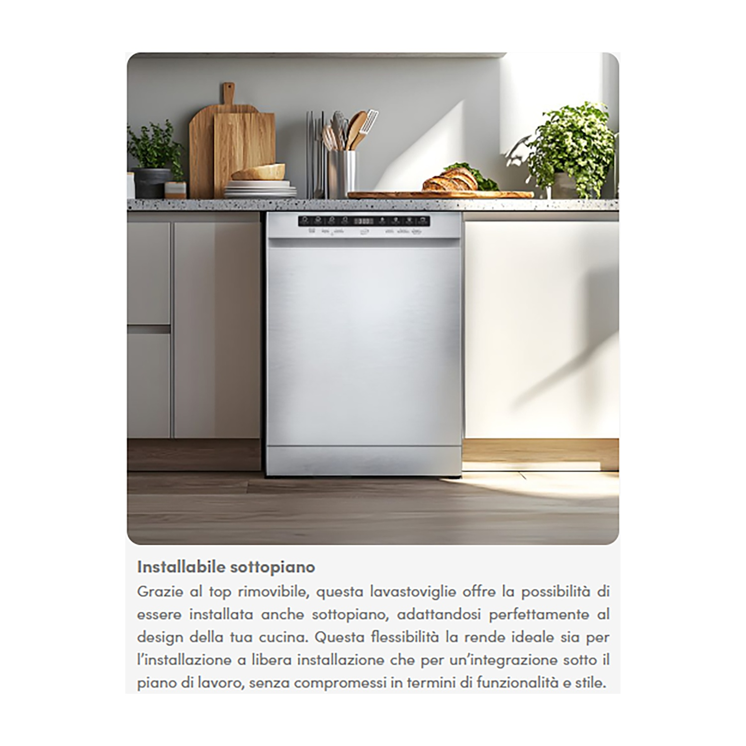Una lavastoviglie in acciaio inossidabile è in un mobile da cucina.