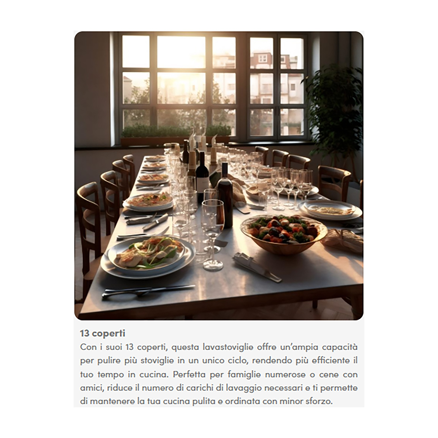 Un tavolo da pranzo apparecchiato per 13 persone. Cibo, piatti e vino sono sulla tavola.