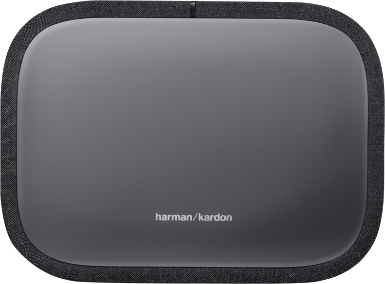 Ein dunkelgrauer Lautsprecher mit Stoffbezug und harman/kardon-Logo.