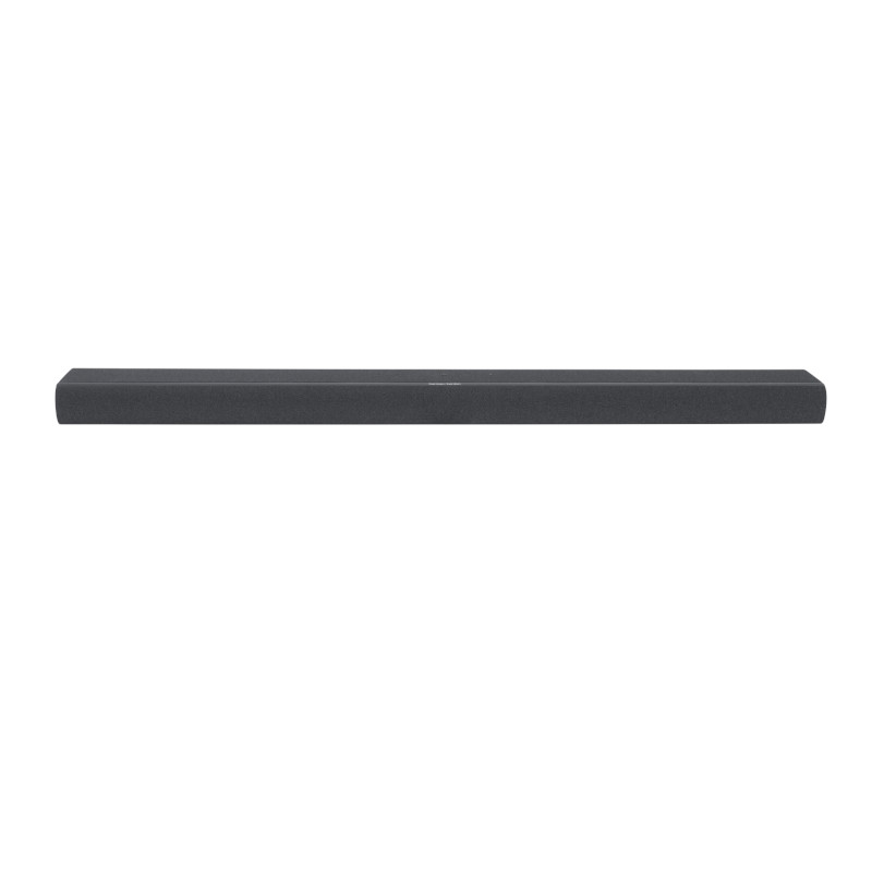 Lange, dunkelgraue Soundbar. Schlichtes, gerades Design.