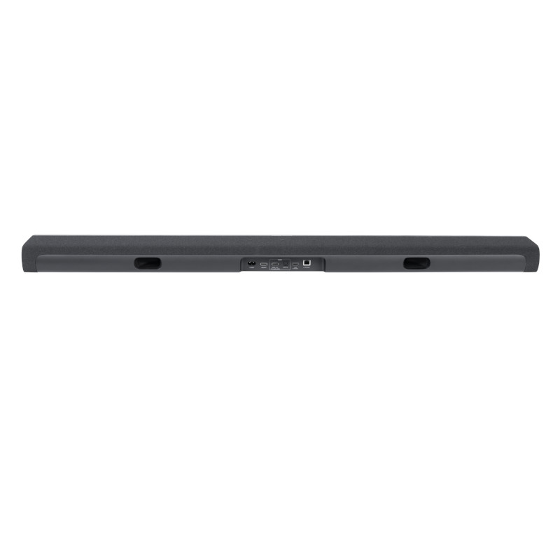 Soundbar, dunkelgrau, mit Anschlüssen hinten. Weißer Hintergrund.