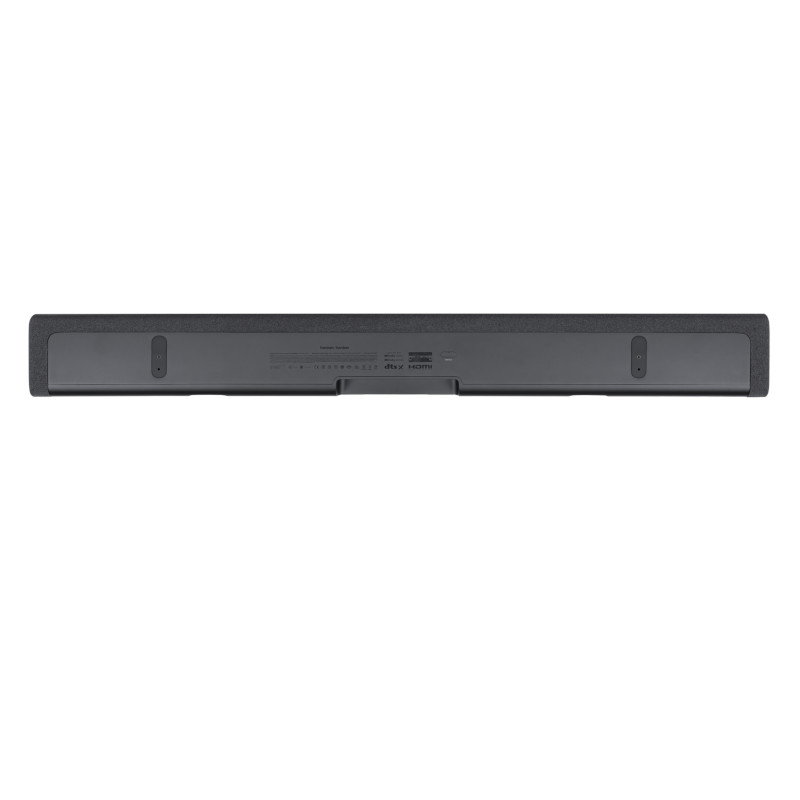 Rückseite einer schwarzen Soundbar mit verschiedenen Anschlüssen und Anschlüssen.