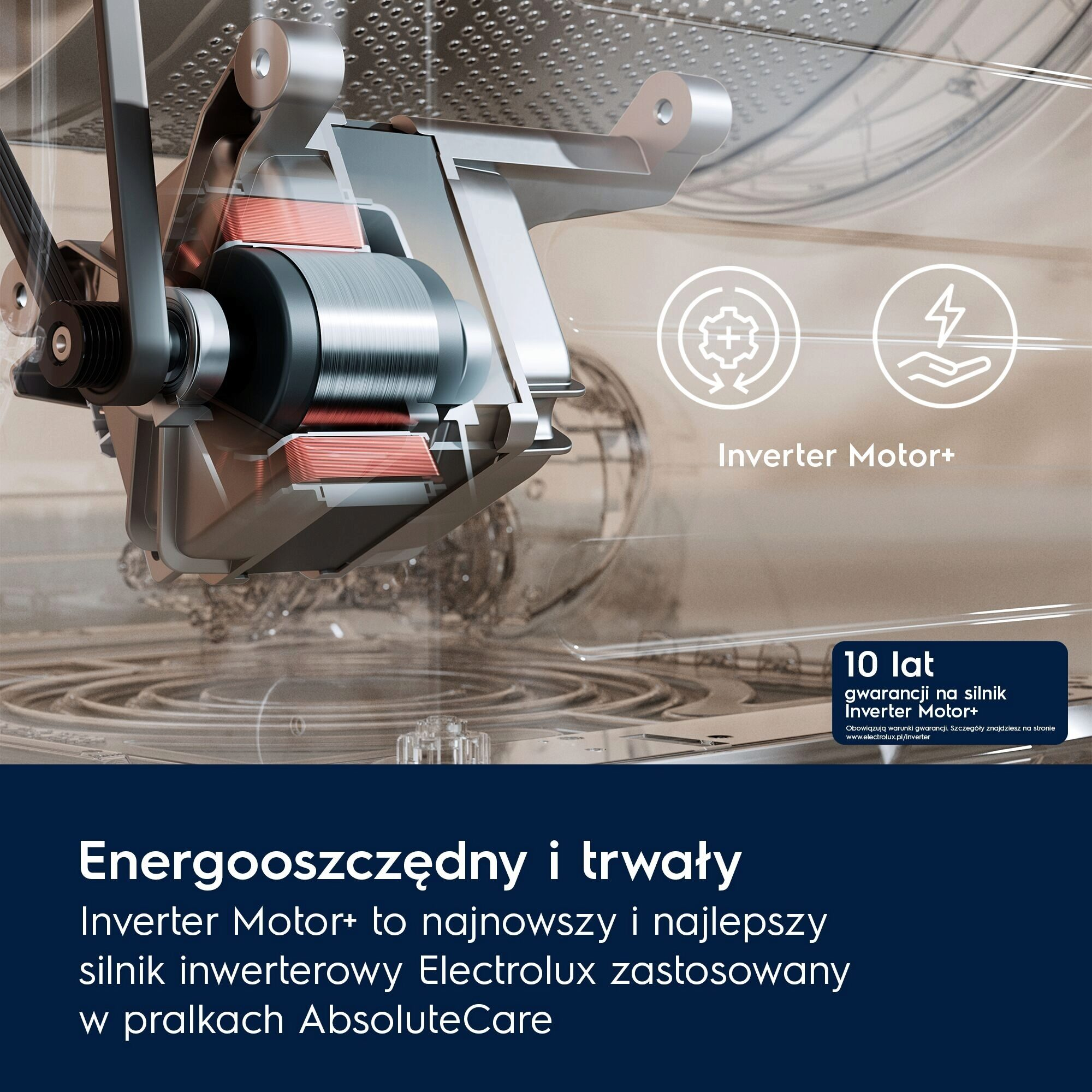 Obraz przedstawia przekrój silnika. Tekst poniżej omawia efektywność energetyczną i silnik Inverter+.