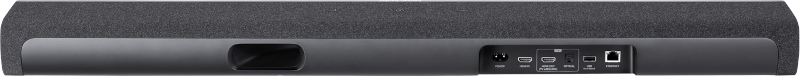 Das Bild zeigt die Rückseite einer dunkelgrauen Soundbar, mit Anschlüssen und Beschriftungen auf der Rückseite.