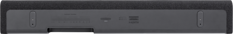 Das Bild zeigt die Rückseite einer Soundbar. Anschlüsse und Beschriftungen sind sichtbar. Es hat eine dunkelgraue Oberfläche.