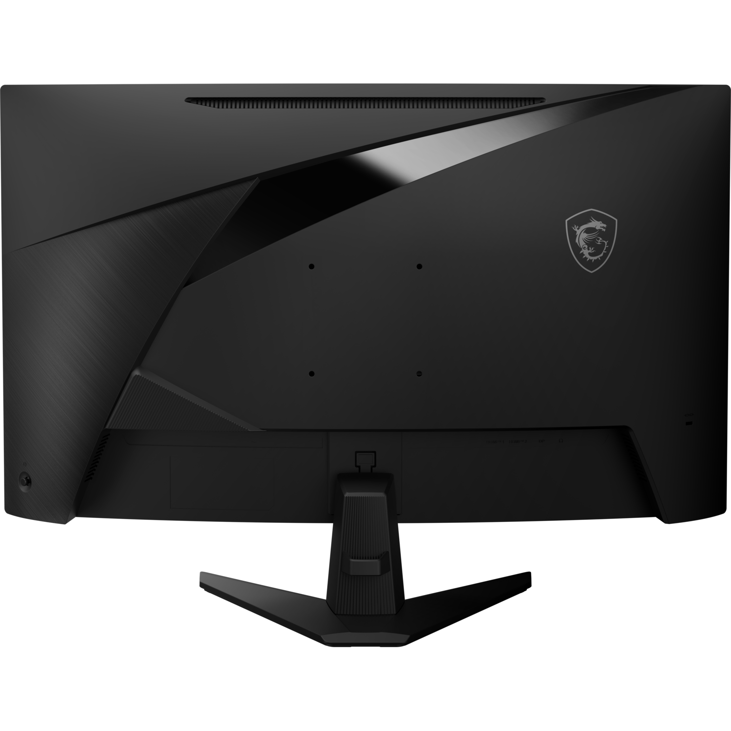 Achteraanzicht van een zwarte monitor met een logo en een standaard.