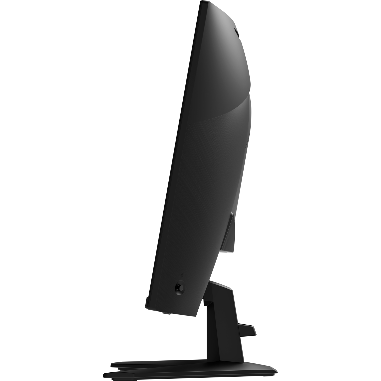 Zijaanzicht van een zwarte monitor op een zwarte standaard.