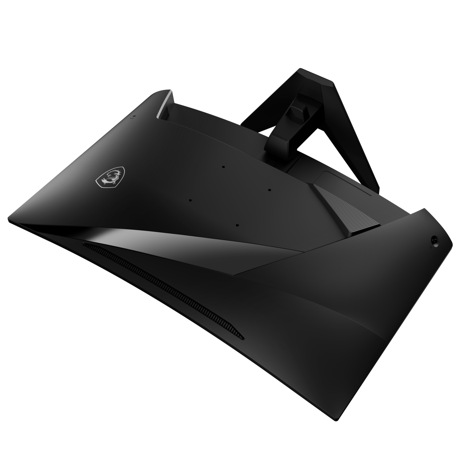 Zwarte gaming monitor omhoog gekanteld, met de achterkant met MSI-logo en complex ontwerp.