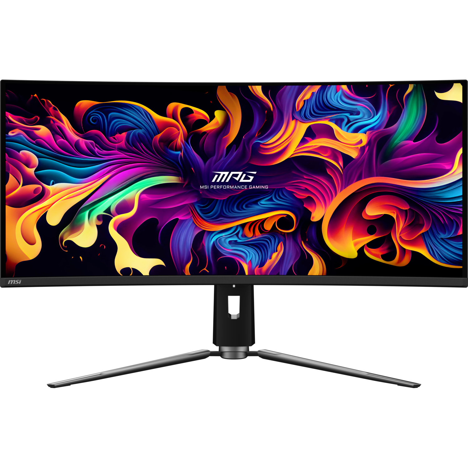MSI gebogen monitor met kleurrijk abstract display, zwarte standaard en voet, donkere achtergrond.
