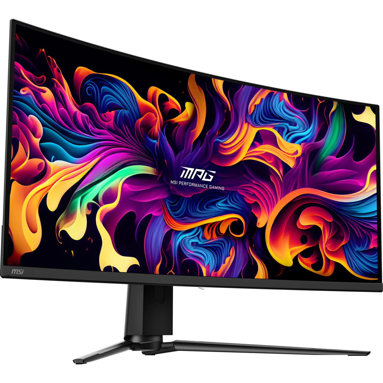 Gebogen MSI monitor met abstract kleurrijk display, zwarte standaard op donkere achtergrond.