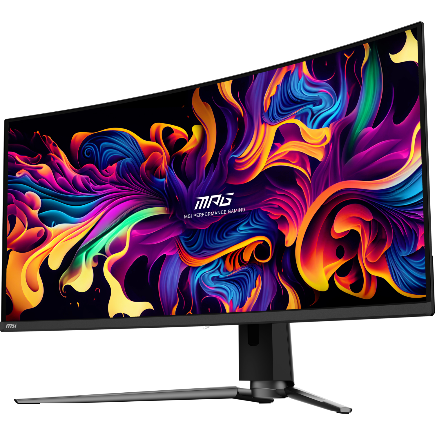Een gebogen gamingmonitor met abstracte kleurrijke afbeelding en zwarte standaard.