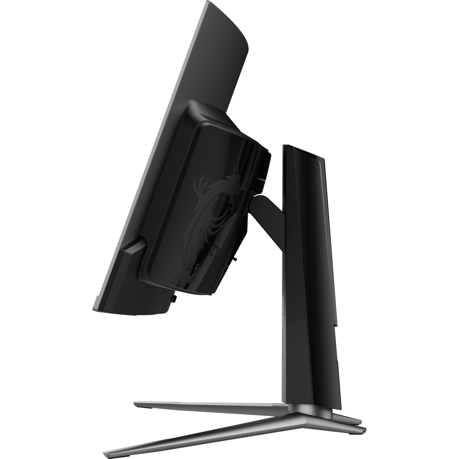 Zijaanzicht van een zwarte gaming monitor met een drakenlogo, zwarte achtergrond.