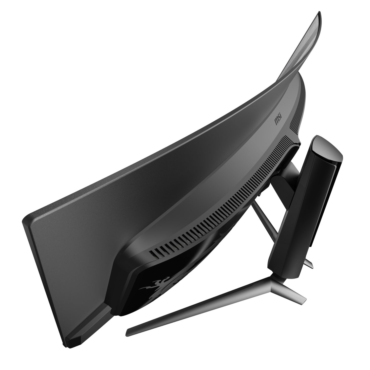 Schuine zijaanzicht van een zwarte monitor, met het drakenlogo en de standaard, op een zwarte achtergrond.