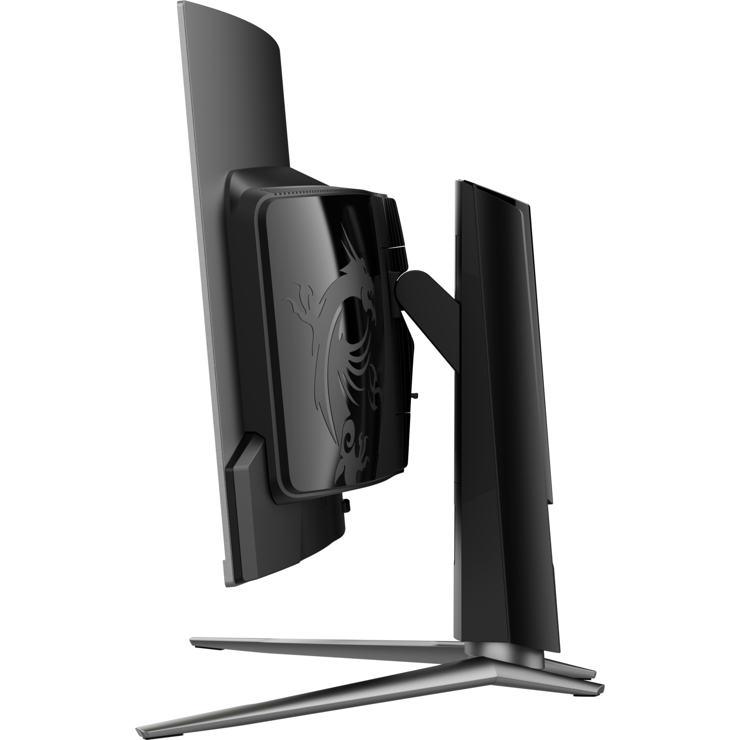 MSI gaming monitor, zijaanzicht, zwart met een drakenlogo.