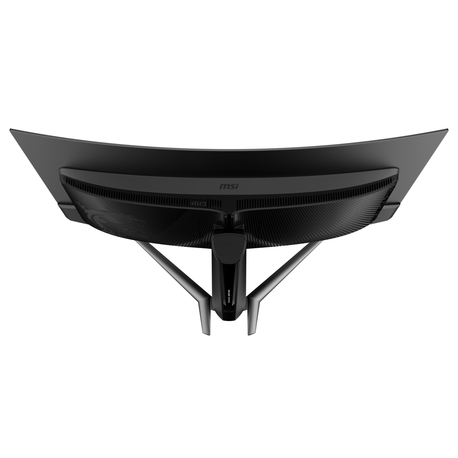 Bovenaanzicht van een gebogen zwarte monitor met MSI logo, standaard en drakenlogo, zwarte achtergrond.