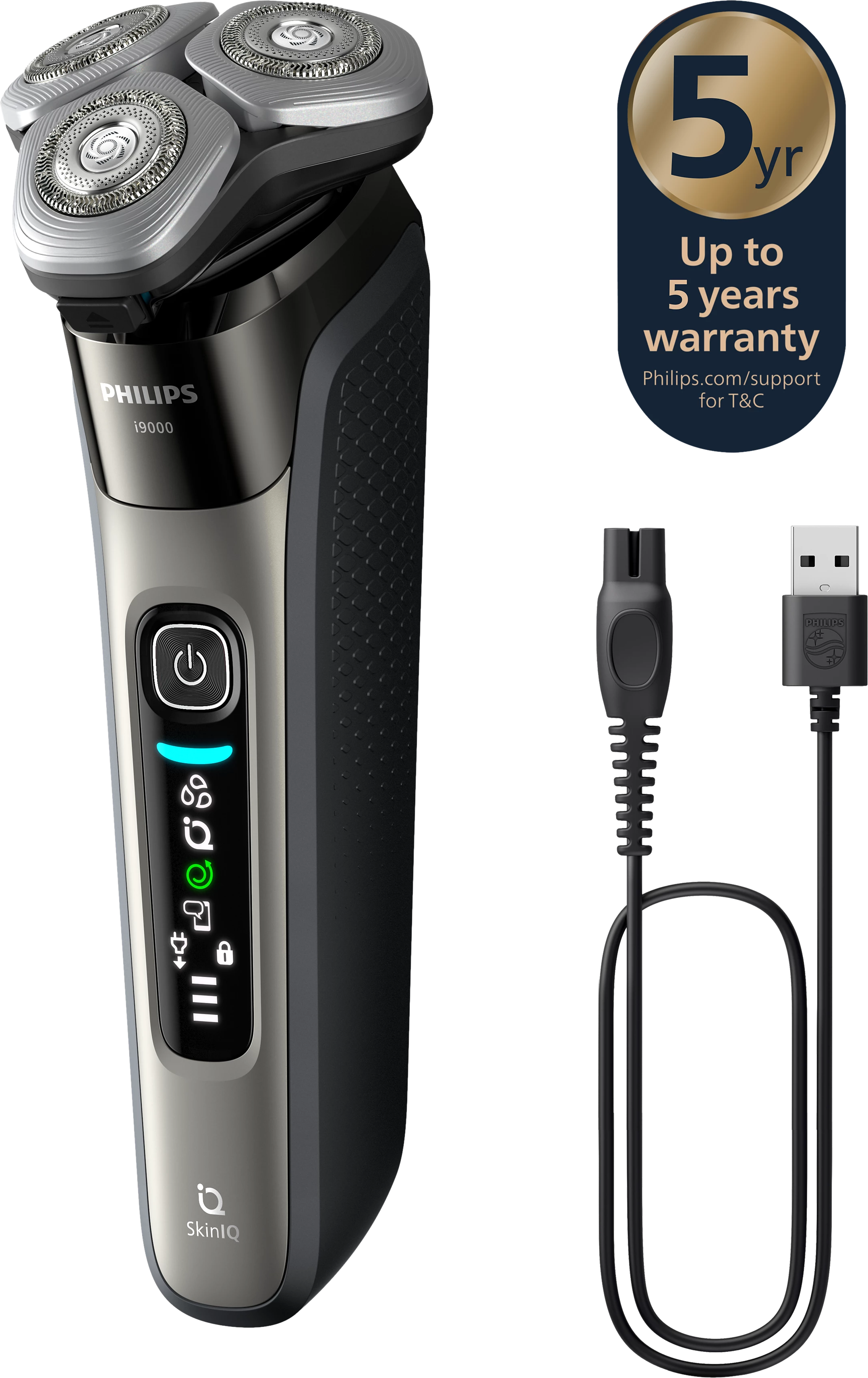Schwarzer und grauer Philips Rasierer mit drei Rotationsköpfen, Power-Taste und USB-Ladekabel.