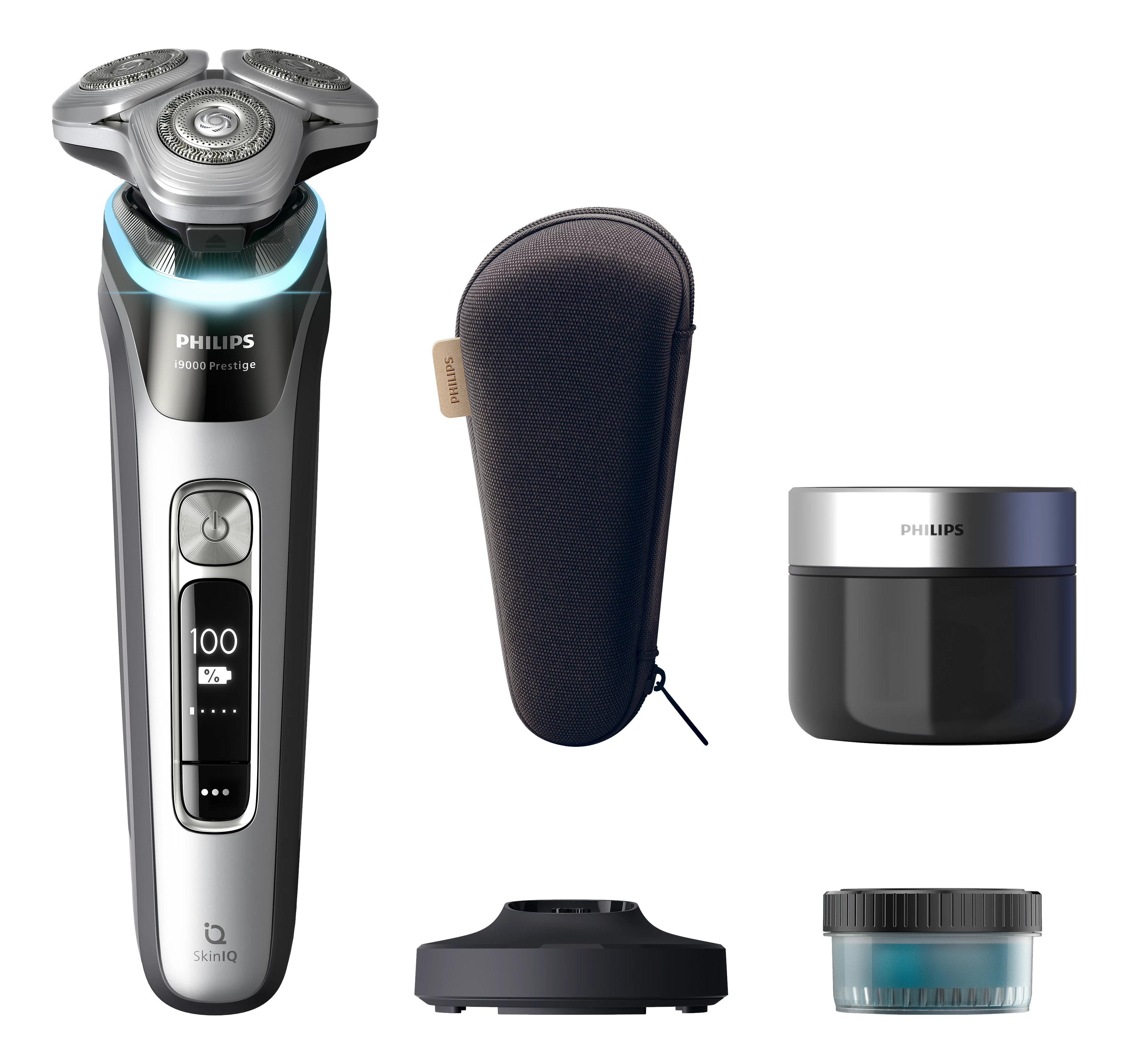 Rasoio elettrico Philips, vari accessori, tra cui custodia, caricatore e soluzione detergente.