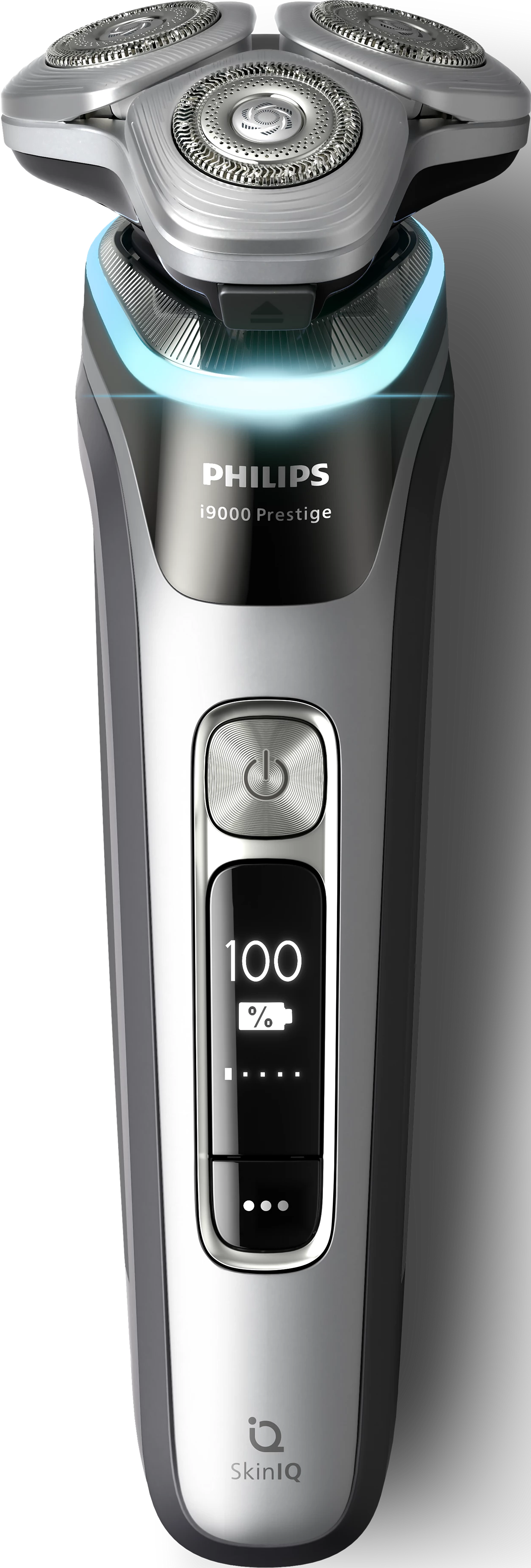 Un rasoio elettrico Philips con un display digitale che mostra il livello della batteria.