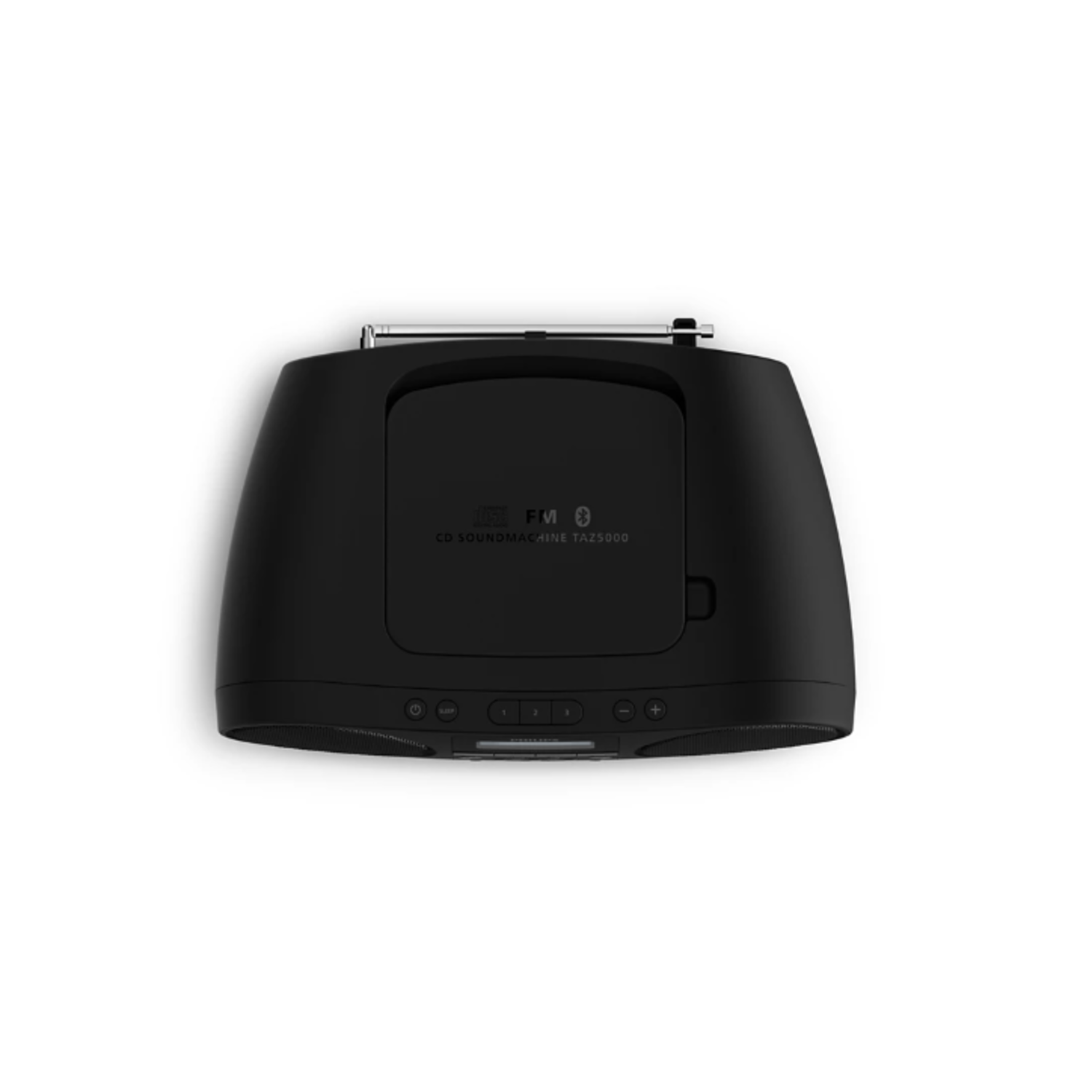 Zwarte cd-geluidsmachine. Kenmerken zijn een cd-sleuf, FM-radio en Bluetooth-connectiviteit. Witte achtergrond.