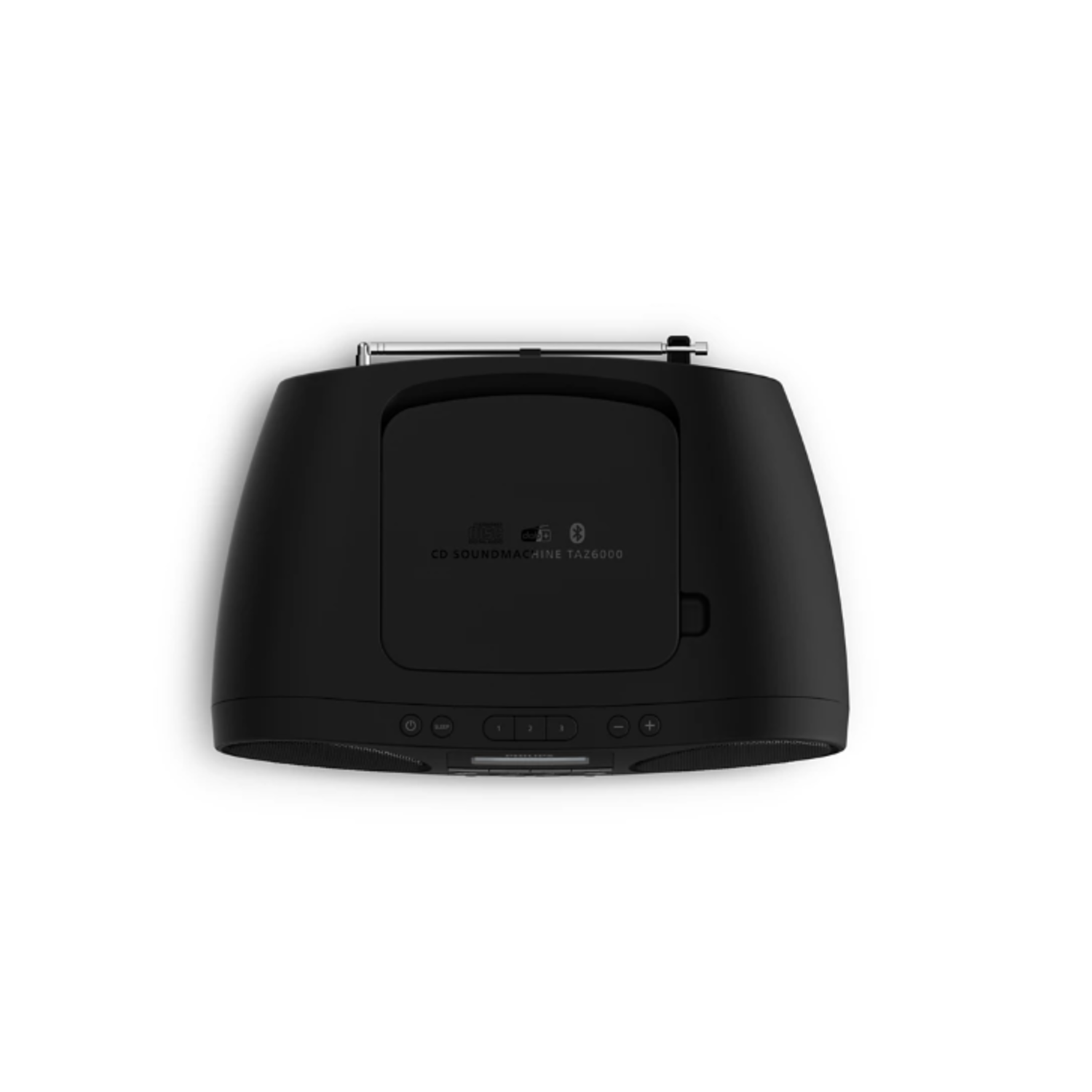 Schwarze CD-Soundmaschine. Merkmale umfassen einen CD-Schlitz, UKW-Radio und Bluetooth-Konnektivität. Weißer Hintergrund.