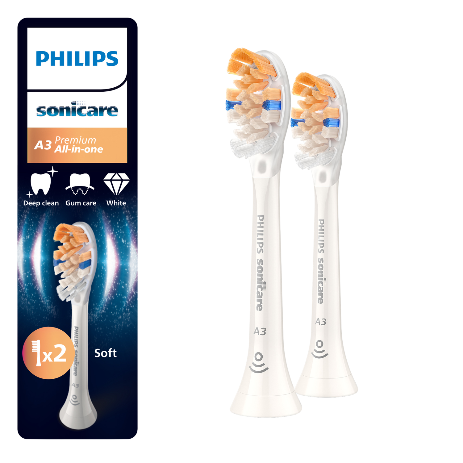 Deux têtes de brosse à dents Philips Sonicare blanches avec des poils orange et bleus, à côté d'un emballage.