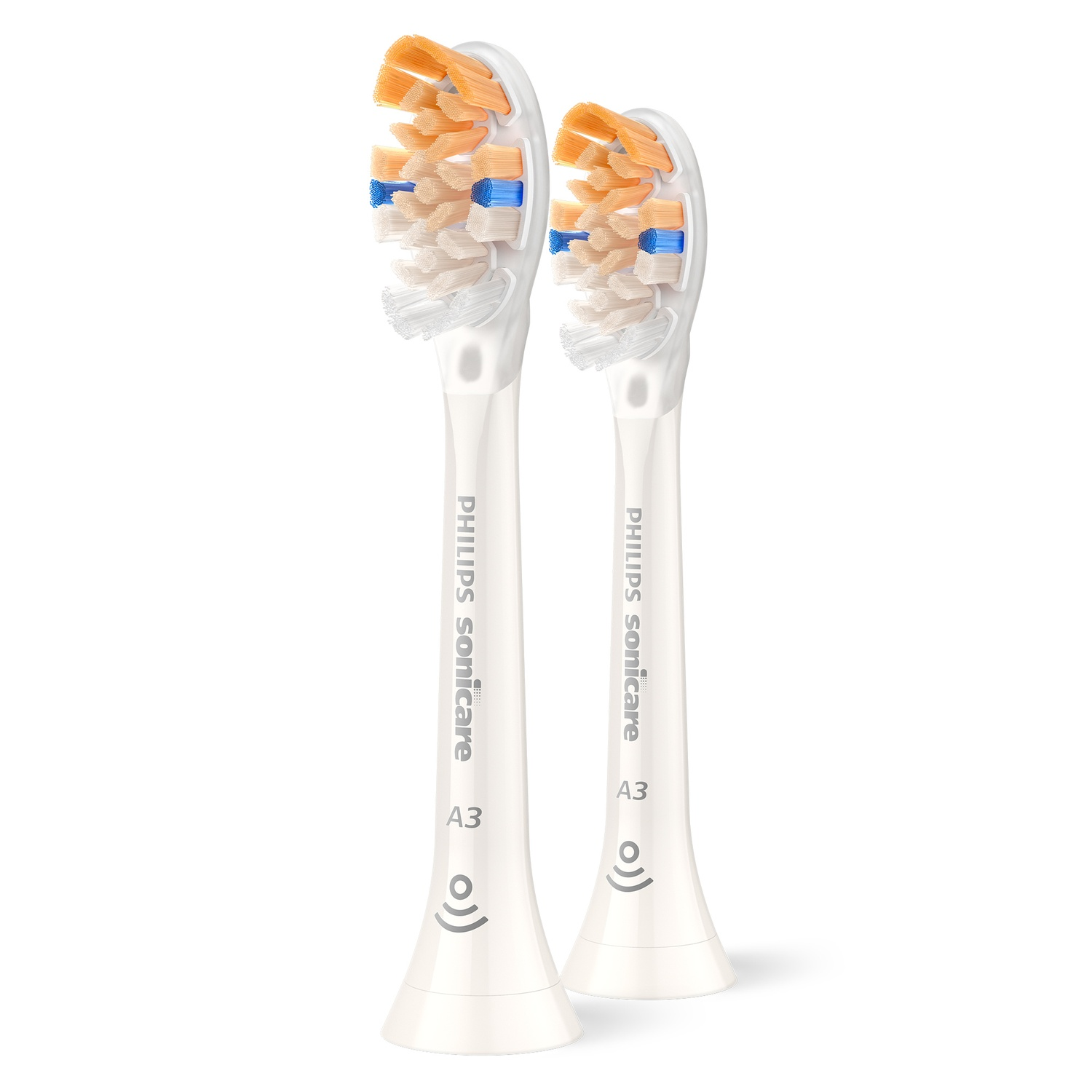 Deux têtes de brosse à dents Philips Sonicare blanches avec des poils orange et bleus, sur fond blanc.