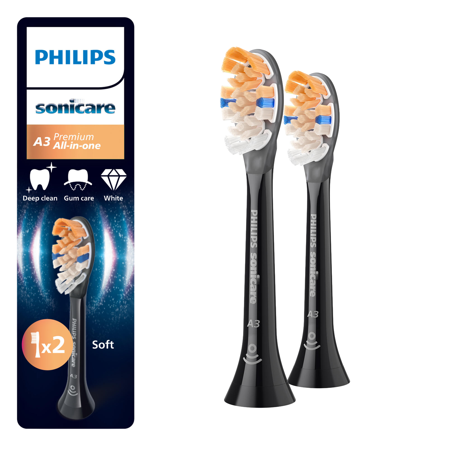 Twee Philips Sonicare tandenborstelkoppen. Witte, oranje en blauwe borstelharen op zwarte koppen.
