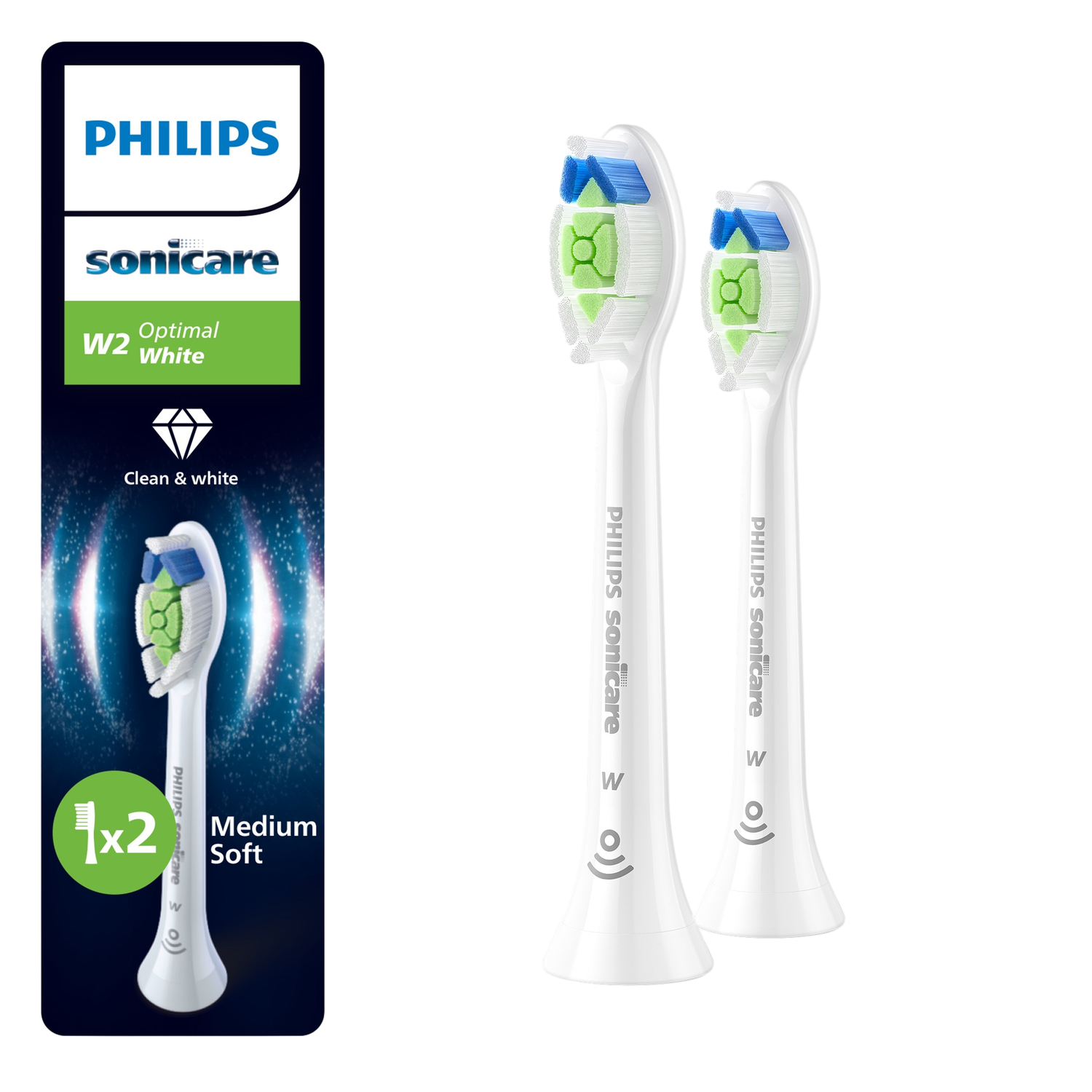 Twee witte Philips Sonicare tandenborstelkoppen, één met de verpakking, met groene en blauwe borstelharen.