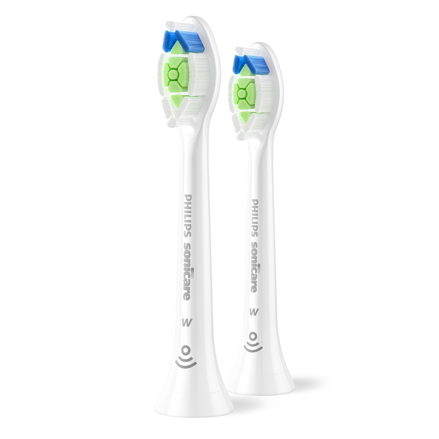 Twee witte Philips Sonicare tandenborstelkoppen worden naast elkaar getoond op een witte achtergrond.