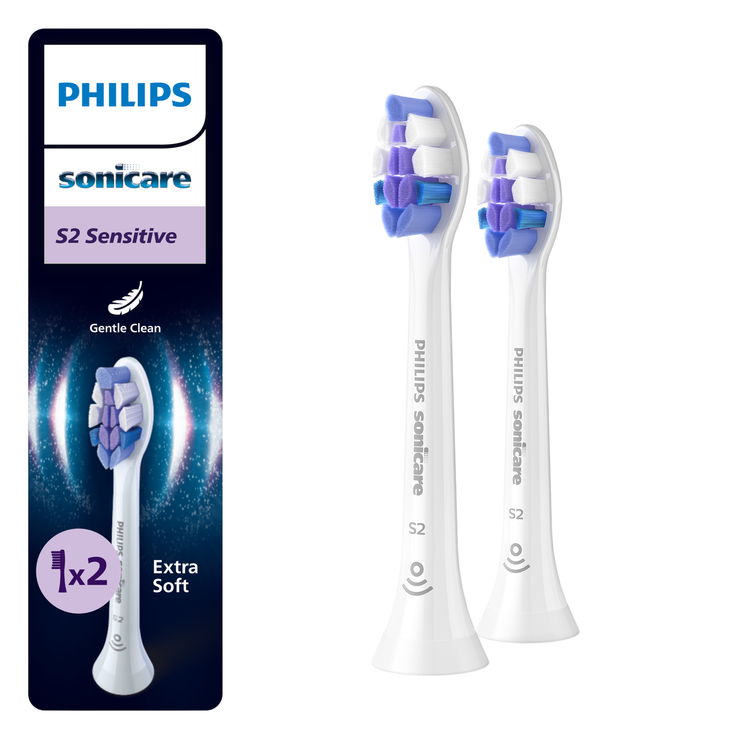Deux têtes de brosse à dents Philips Sonicare avec des poils violets et bleus.