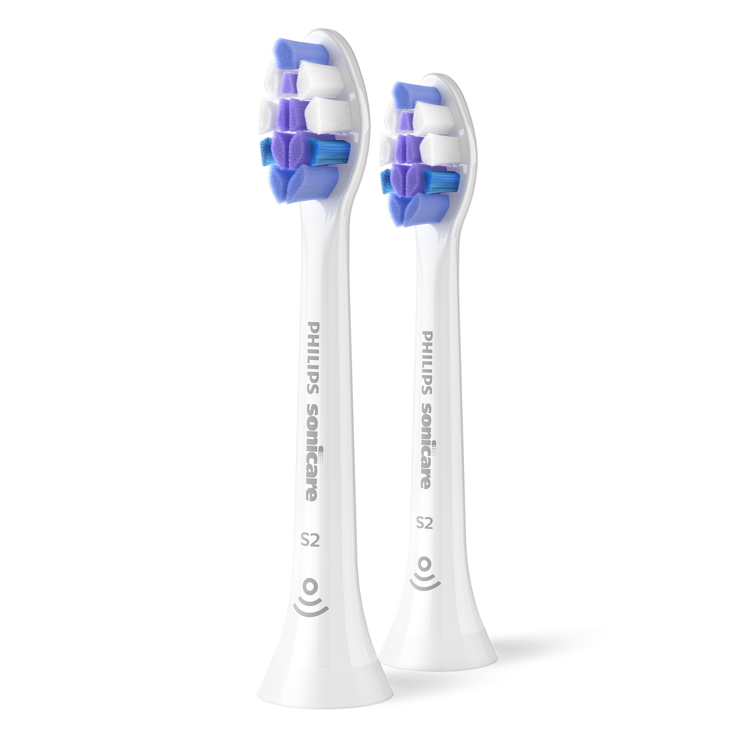 Deux têtes de brosse à dents Philips Sonicare blanches avec des poils violets et bleus sur fond blanc.