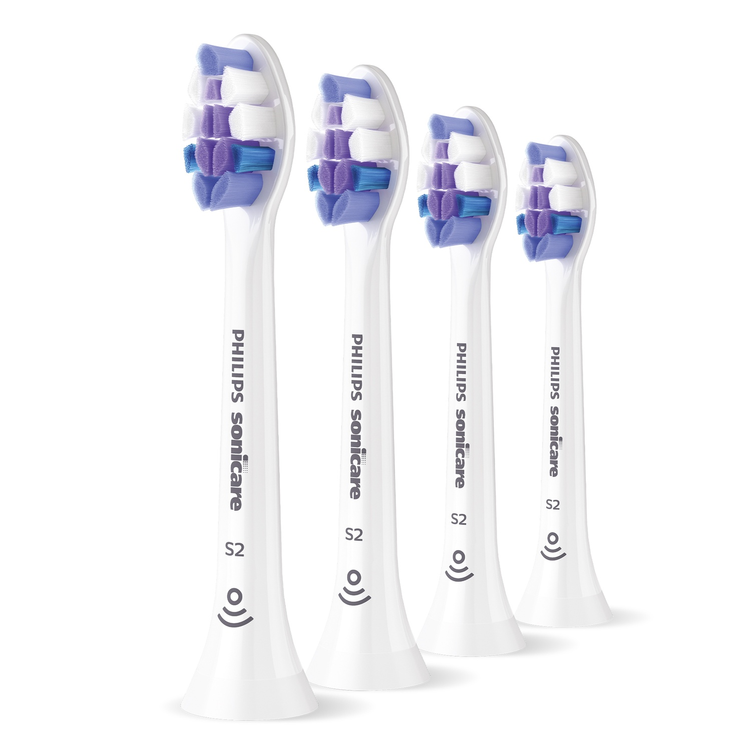 Vier witte Philips Sonicare tandenborstelkoppen staan op een rij op een witte achtergrond.