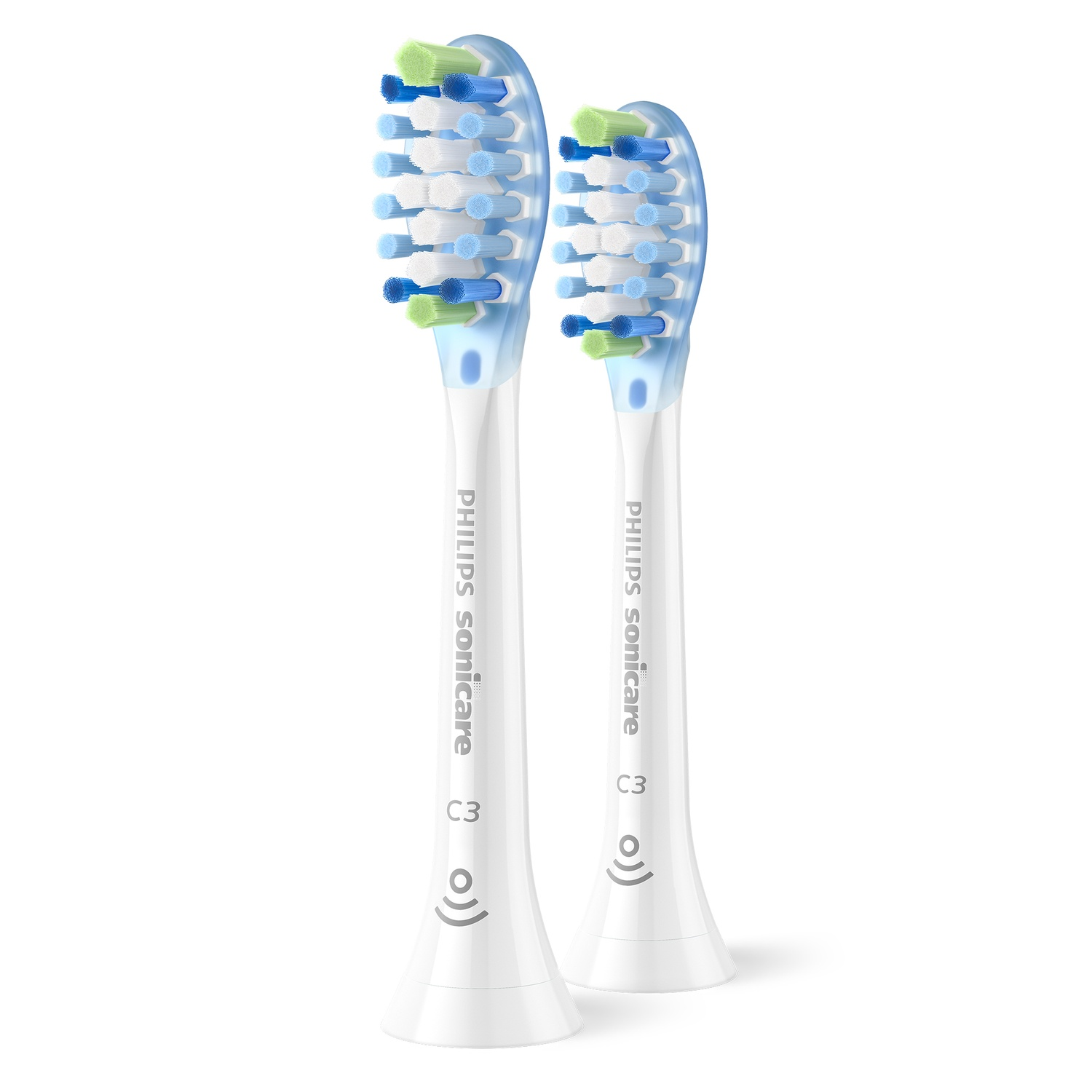Deux têtes de brosse à dents blanches avec des poils bleus et verts, et le logo Philips Sonicare.