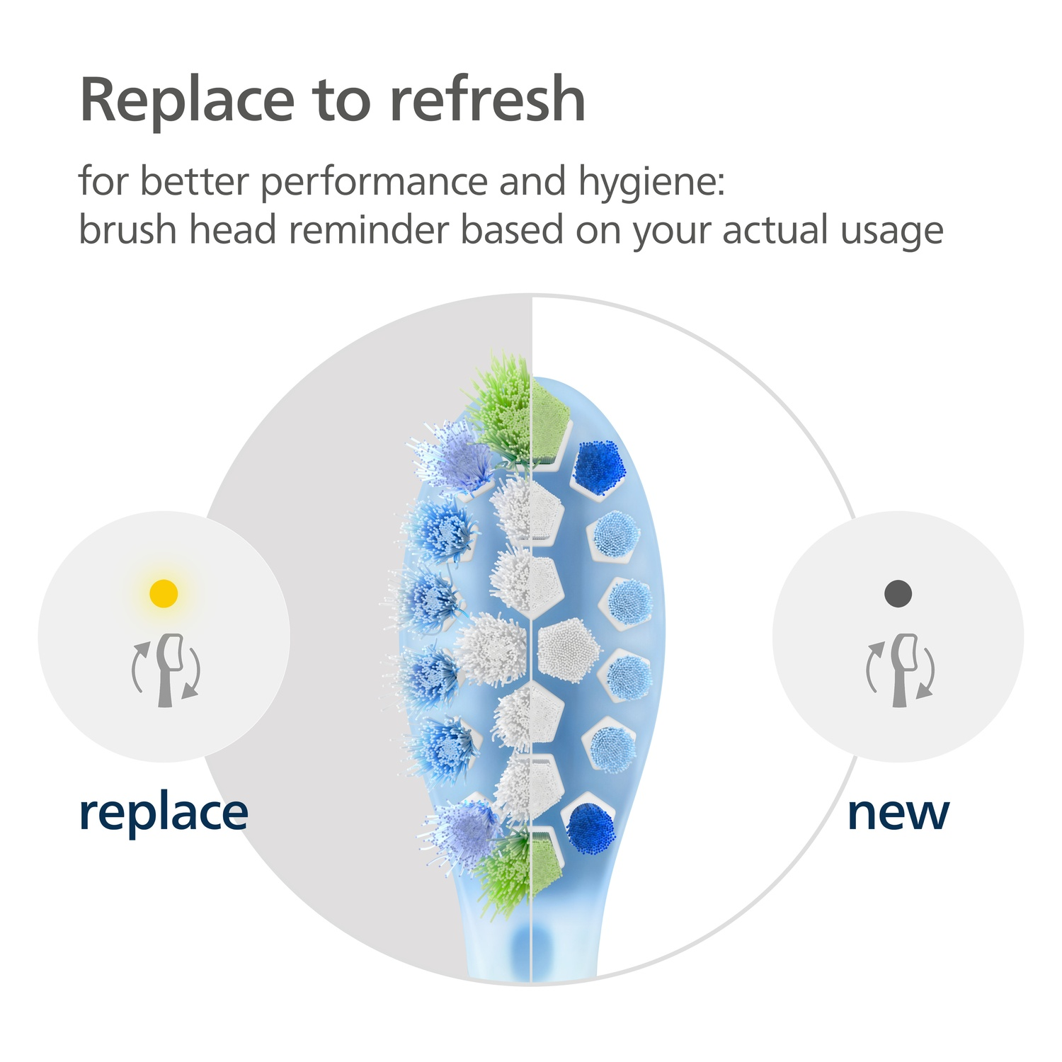 Diagramme d'une tête de brosse à dents avec des soies, avec du texte indiquant le remplacement et le comparant à un nouveau.