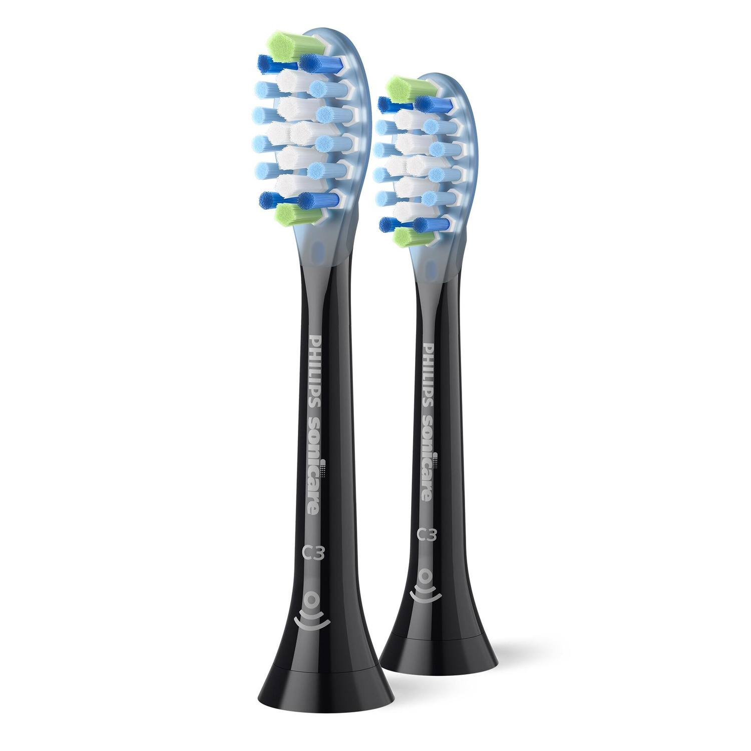 Two Philips Sonicare toothbrush heads. Black handles with blue and green bristles. White background.